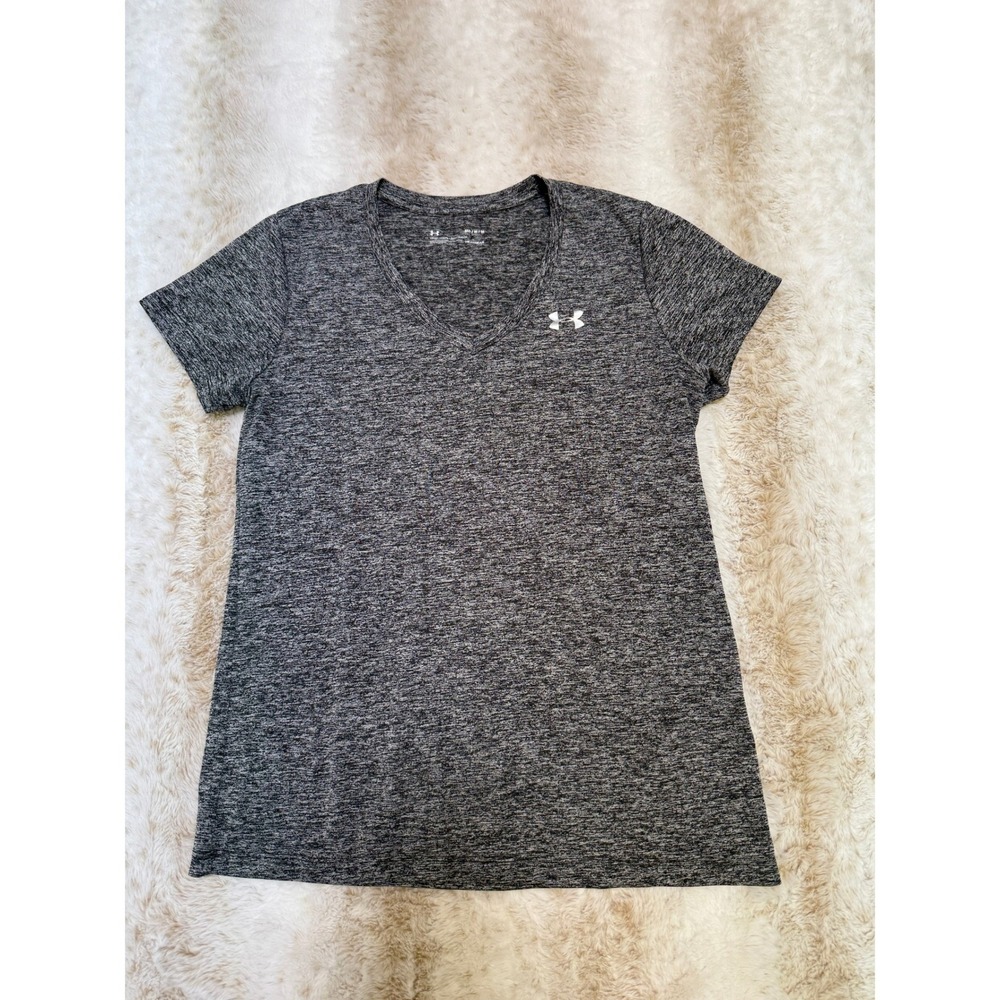 Under Armour T-Shirt Women Medium Gray HeatGear Space Dye V-Neck Fitness